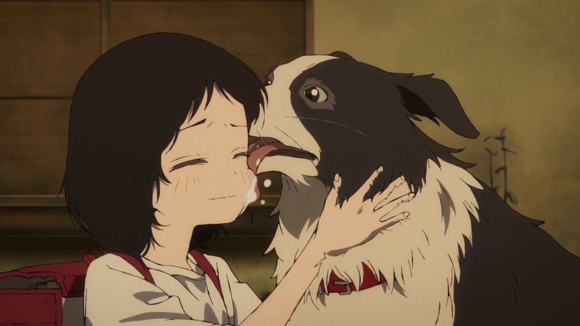Shizuaka, a young girl with black half long hair, smiling, is being licked by a huge dog